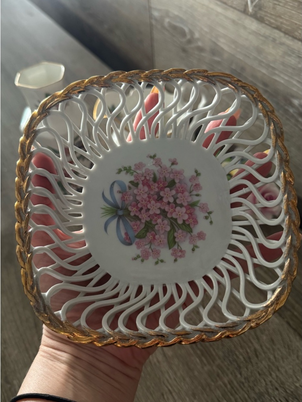 Decorative Floral Porcelain Basket - Pink Floral with Gold Trim